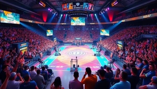 A dynamic and vibrant digital arena filled with colorful gaming avatars competing in an intense tournament match, surrounded by cheering virtual spectators, capturing the excitement and energy of competitive gaming.