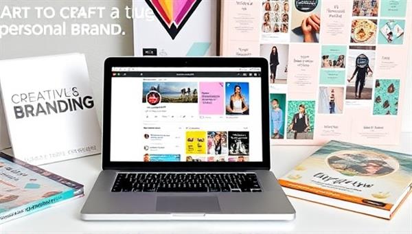 A laptop displaying vibrant social media profiles with engaging content, surrounded by branding books and a creative mood board, symbolizing the art of crafting a unique personal brand.