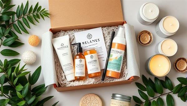 An aesthetically pleasing flat lay of a Blissful Beauty Box filled with beautifully packaged skincare products, relaxing bath essentials, aromatic candles, and wellness treats, surrounded by greenery and soft lighting to evoke a sense of tranquility and luxury associated with the subscription service.