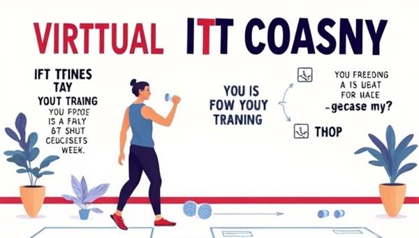 An energetic illustration of a virtual fitness coaching session, featuring a trainer demonstrating exercises, a client following along, and motivational quotes in the background, creating a dynamic and engaging workout environment.
