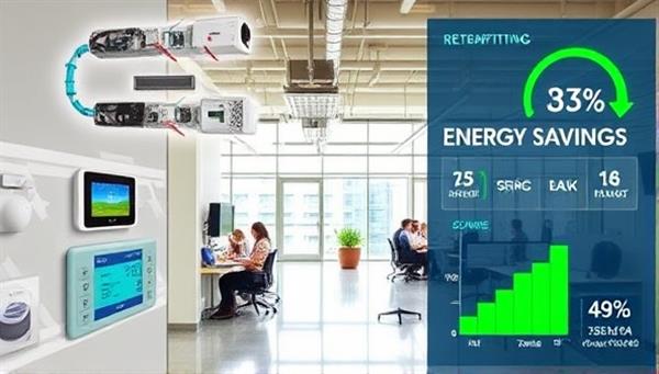 A modern office space with energy-efficient HVAC components, smart thermostats, and zoning controls displayed on a digital interface, employees working comfortably in a well-ventilated environment, and energy consumption metrics showing significant savings, highlighting the benefits of EcoCool Climate Solutions