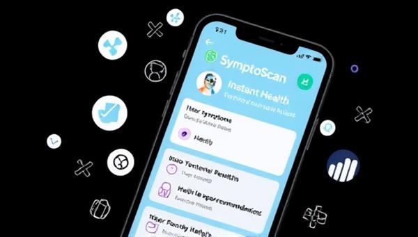 A smartphone screen displaying the SymptoScan app interface, with a user inputting symptoms and receiving instant health recommendations, surrounded by medical icons and a soothing color scheme, illustrating the user-friendly and informative nature of the app.