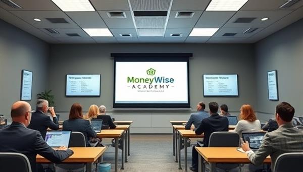 An inspiring visual of a virtual classroom setting on the MoneyWise Academy platform, featuring interactive courses, quizzes, and live sessions with renowned financial experts, with subscribers actively participating and learning, creating a dynamic and enriching educational experience.