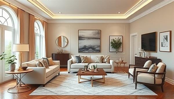 An elegant virtual room rendering showcasing a beautifully designed living space with curated furniture pieces, stylish decor accents, and a cozy ambiance, illustrating the transformative power of virtual interior design consultations.