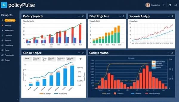 An advanced analytics dashboard displaying policy impact projections and scenario analyses for government policymakers, with interactive data visualizations and predictive models highlighting the sophisticated and insightful capabilities of the PolicyPulse Intelligence platform in shaping evidence-based policy decisions.