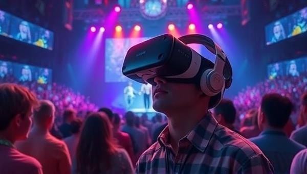 An immersive virtual reality concert setting with a headset-wearing user surrounded by digital avatars of other attendees, colorful stage lights, and a holographic performance by a famous artist, capturing the excitement and innovation of virtual concert experiences.
