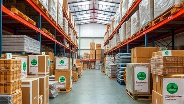 A warehouse scene showcasing a range of recyclable packaging materials and solutions, neatly organized and labeled, with eco-friendly logos and designs, highlighting the eco-conscious and innovative approach of GreenWrap Innovations.