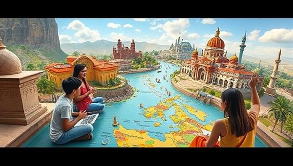 An immersive visual representation of a virtual language learning adventure featuring participants engaging in interactive language lessons, cultural activities, and virtual travel experiences in a digital world, surrounded by diverse landscapes, landmarks, and language challenges, inspiring curiosity and learning in the LingoQuest Adventures platform.