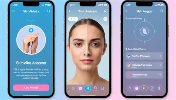 An interactive screenshot of the SkinVibe Analyzer app interface, showcasing the skin analysis features, personalized skincare recommendations, and user-friendly design elements, conveying a modern and user-centric skincare experience.