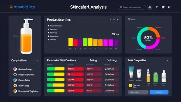 A sleek and informative virtual skincare ingredient analysis dashboard displaying a product scan results with color-coded ingredient ratings, skin compatibility indicators, and personalized product suggestions, illustrating a data-driven and user-friendly skincare tool.