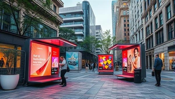 An outdoor urban space transformed into an immersive pop-up installation featuring interactive displays, colorful lights, and engaging brand elements, drawing in passersby and creating a dynamic and experiential brand experience, capturing the essence of PopSpectra Ads