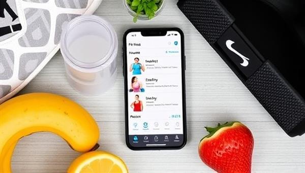 A smartphone displaying a fitness app interface with workout tutorials, a healthy meal plan, and a progress tracker, surrounded by workout gear and fresh fruits, emphasizing a holistic approach to fitness and wellness.