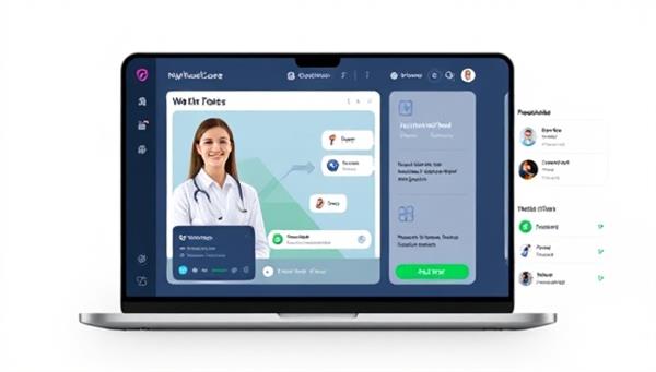 A sleek and modern virtual healthcare platform interface displaying a chat window with a healthcare professional, a personalized wellness plan, and health tracking tools, conveying accessibility and expertise.