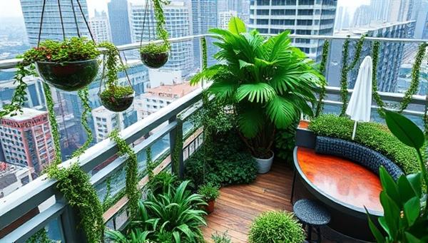 An urban office rooftop transformed into a vibrant green garden oasis with cascading plants, hanging terrariums, and cozy seating areas, illustrating the blend of nature and modern urban architecture in a striking visual display.
