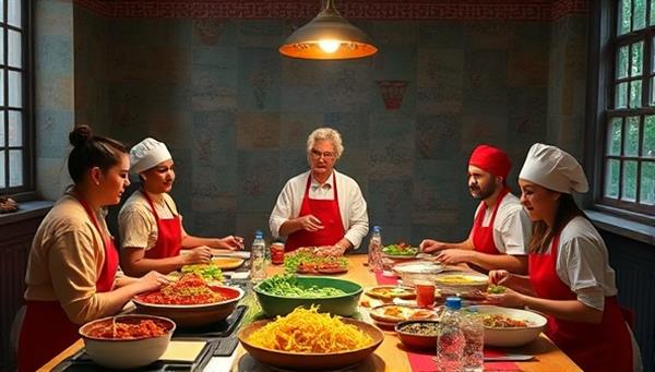An enticing visual of a virtual cooking class where participants from various cultural backgrounds gather online to cook together, share culinary traditions, and savor delicious dishes from around the world, creating a vibrant and interactive culinary experience that celebrates diversity, unity, and the joy of cooking.