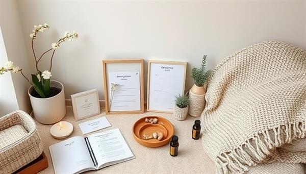 A serene and soothing wellness corner setup with elements from the MindfulCare Kits, including mindfulness journals, relaxation tools, essential oils, and cozy blankets, creating a calming and introspective atmosphere for mental health and self-care activities.