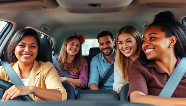A vibrant and diverse group of professionals and students carpooling together in a shared vehicle, smiling and chatting during their commute, showcasing the community and environmental benefits of CommuteShare Club.