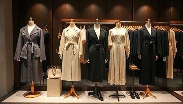 An elegant display featuring a curated selection of designer garments and accessories available for rent, styled on mannequins or displayed on racks with eco-friendly tags and labels, conveying a message of luxury, sustainability, and conscious fashion choices through the rental platform.