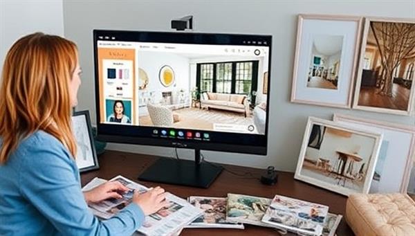 A virtual room design consultation scene with an interior designer discussing design concepts with a client via video call, showcasing mood boards, color swatches, and virtual room visualizations on a digital screen, surrounded by design magazines and decor samples, symbolizing personalized and creative interior design services.