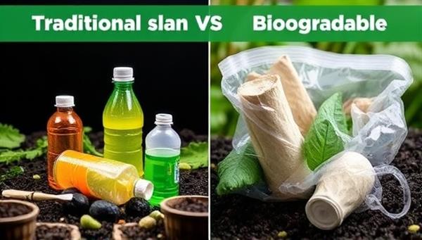 An image featuring a comparison between traditional plastic products and biodegradable alternatives, showing the decomposition process of the biodegradable items in a composting environment, emphasizing sustainability and environmental impact.