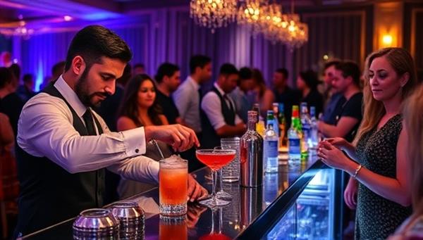 A sophisticated cocktail bar setup with a mixologist crafting a bespoke cocktail creation while guests watch in anticipation, surrounded by a stylish and vibrant event atmosphere.