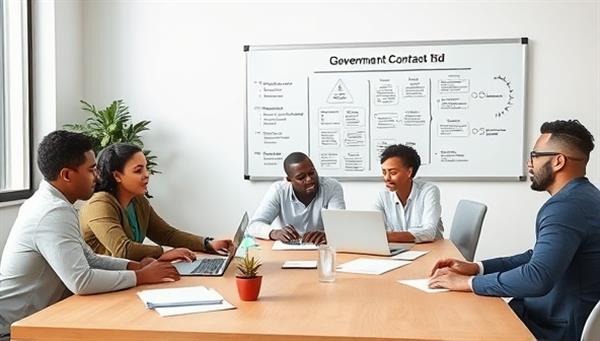 An image of a virtual meeting room with a diverse group of small business owners collaborating on a government contract bid, with laptops, documents, and a whiteboard displaying strategic plans, conveying teamwork and success.