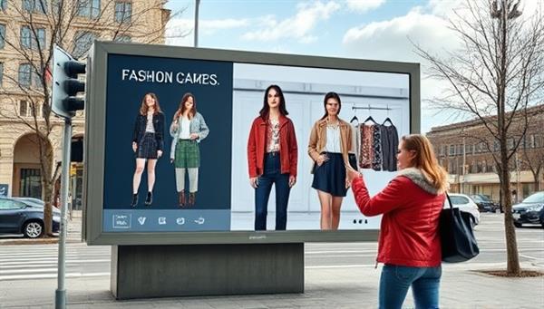 An outdoor billboard displaying an AR ad for a fashion brand, where passersby can virtually try on different outfits by interacting with the ad using their smartphones, showcasing the interactive and engaging nature of AR ads.