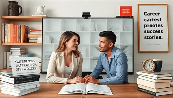 A professional visual representation of a virtual career coaching session with a coach and client discussing career goals and strategies, surrounded by career development books, motivational quotes, and success stories, reflecting the transformative nature of ShiftForward Coaching in guiding career transitions.