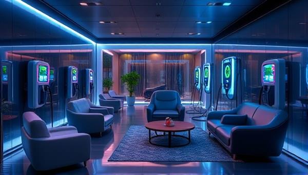 A sleek and modern lounge setting with comfortable seating, EV charging stations integrated into the design, ambient lighting, and tech gadgets, creating a futuristic and inviting atmosphere for customers to relax and recharge both themselves and their vehicles.