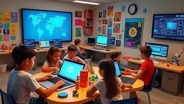 A vibrant coding workshop setting with children engrossed in coding projects on laptops, tablets, and interactive screens, surrounded by colorful coding blocks, robots, and digital art tools, creating a playful and stimulating environment for learning coding and creativity.