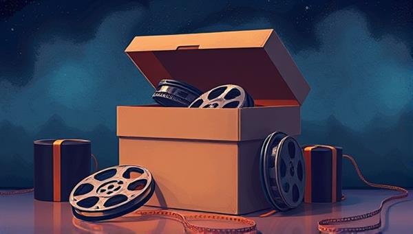 An artistic illustration of a mysterious, unopened box with movie reels spilling out, hinting at the excitement and anticipation of discovering new films inside the subscription box.