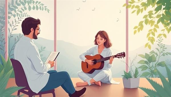 An illustration of a virtual music therapy session with a therapist playing a soothing melody on a musical instrument, surrounded by serene nature imagery and calming visuals, creating a tranquil and therapeutic environment for emotional healing and relaxation.