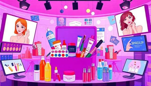 A vibrant digital illustration of a virtual beauty box bursting with colorful beauty products, surrounded by digital screens displaying makeup tutorials and skincare tips, creating a visually captivating and engaging atmosphere.