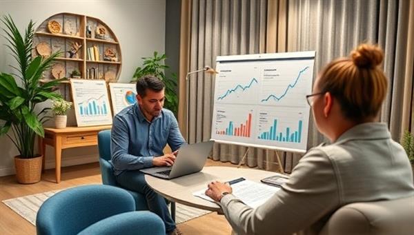 An inviting virtual meeting room setting with a financial planner engaging with a client on a laptop screen, surrounded by financial planning charts and tools, symbolizing personalized guidance and support in wealth management and financial planning.