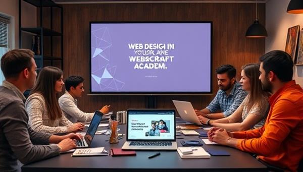 An engaging online workshop scene with a diverse group of participants attending a virtual tutorial on web design, with laptops open, creative tools scattered around, and a motivational quote on the screen, promoting the interactive and educational nature of WebCraft Academy.