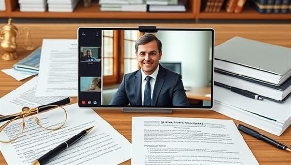 A digital workspace featuring legal documents, contracts, and a virtual meeting setup with a professional real estate attorney providing legal advice to clients via video call, conveying expertise, trust, and personalized service in the online legal consultancy realm.
