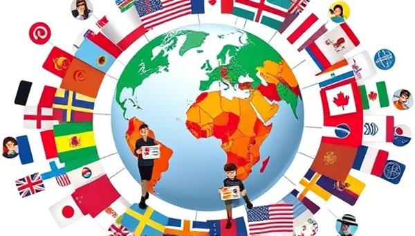 A virtual globe surrounded by diverse language flags, with avatars representing users from different countries engaging in online language learning activities like video calls, language challenges, and virtual cultural exchanges, fostering a sense of global connection and learning.
