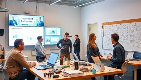 An innovation lab setting with government officials, tech entrepreneurs, and researchers brainstorming ideas on digital screens and whiteboards, with prototypes and gadgets scattered around the room, showcasing a dynamic and collaborative environment for innovation.