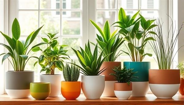 A vibrant display of custom eco-friendly plant pots in various sizes and colors, filled with lush green plants, set against a backdrop of a sunny window, showcasing the beauty and eco-friendliness of the products.
