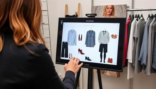 A virtual styling session setup showing a stylist presenting outfit combinations and accessories on a digital screen, with fashion magazines and fabric swatches in the background, highlighting a chic and stylish virtual styling experience.