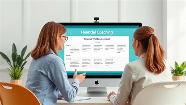 A virtual financial coaching session with a coach guiding a client through a financial wellness plan on a computer screen, symbolizing personalized guidance and support in financial matters.