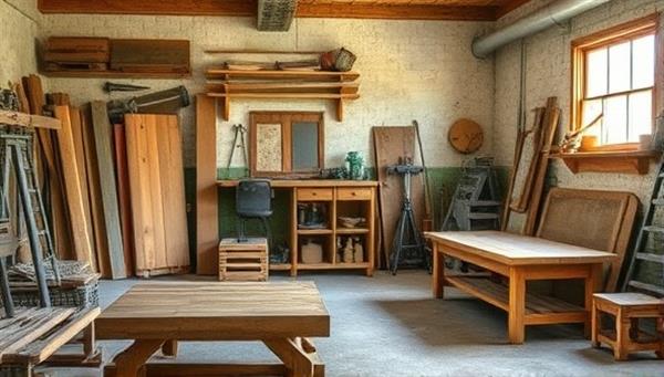 A rustic workshop setting with tools and materials for upcycling furniture, showcasing the transformation process from raw reclaimed materials to a beautifully crafted piece, highlighting craftsmanship and sustainability.