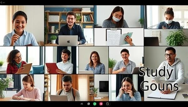 An online study room environment with multiple students on video calls, sharing notes and discussing study materials, conveying a collaborative and engaging virtual study experience.
