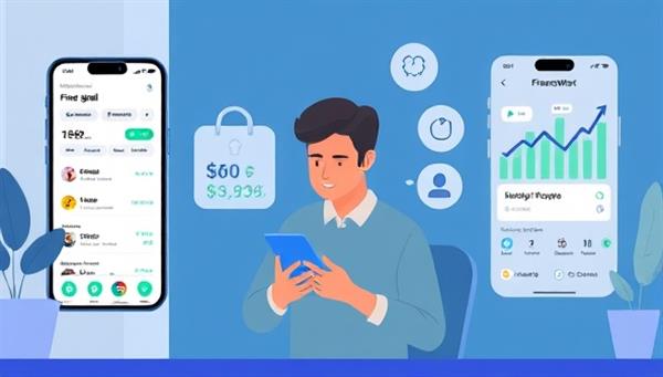 An animated visualization of a user exploring FinanceWise AI app features, setting financial goals, tracking expenses, and receiving tailored investment recommendations, showcasing the app