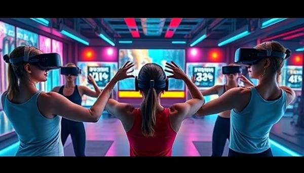 An immersive digital artwork depicting users wearing VR headsets while engaging in a virtual fitness class led by a virtual instructor in a futuristic gym setting, with interactive workout elements and vibrant virtual environments, showcasing the dynamic and engaging nature of VRFitZone.