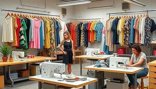 A vibrant studio setting with racks of upcycled clothing pieces displayed creatively, featuring unique designs and patterns, sewing machines, and a team of fashion designers working on transforming garments, conveying sustainability and creativity in the fashion industry.