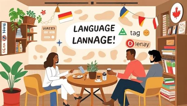 A virtual language exchange cafe scene with avatars of users conversing in different languages, cultural decorations, and language learning resources displayed around the virtual space, fostering a vibrant and interactive multilingual community for language learners to connect and practice together.