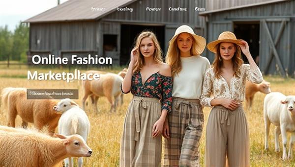 An online fashion marketplace featuring a blend of agricultural and fashion elements, with stylish models wearing eco-friendly clothing made from natural fibers in a rustic farm setting, evoking a harmonious connection between agriculture and fashion.