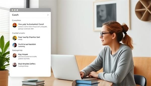 An online platform interface showing a virtual coaching session with a supportive coach listening attentively to a client