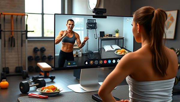 An artistic representation of a virtual fitness coaching session, showing a trainer guiding a client through a workout routine via video call, with workout equipment and healthy food visuals in the background, conveying motivation and fitness progress.